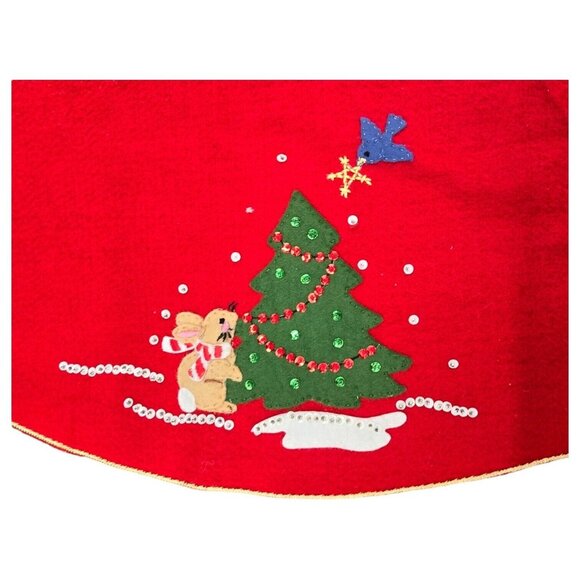 Vtg Red Felt Christmas Tree Skirt 34" Snowman Reindeer Sequin Embroidery Decor - Picture 4 of 12